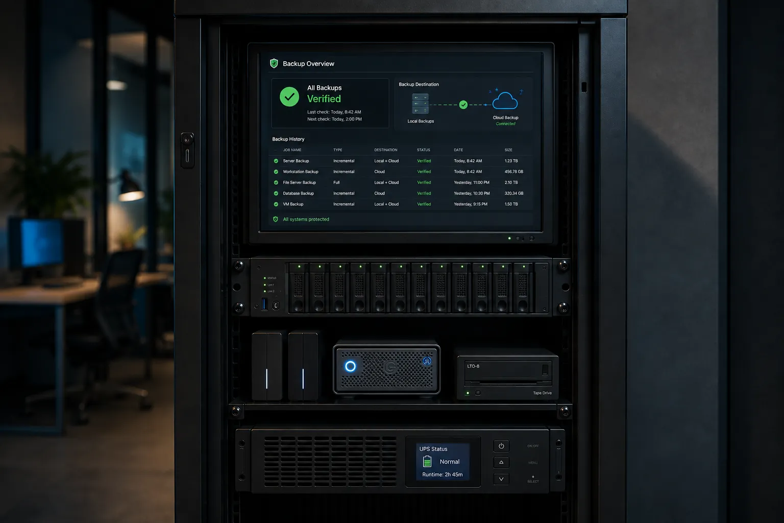 Business backup system with backup monitoring dashboard, local storage, cloud backup and power protection