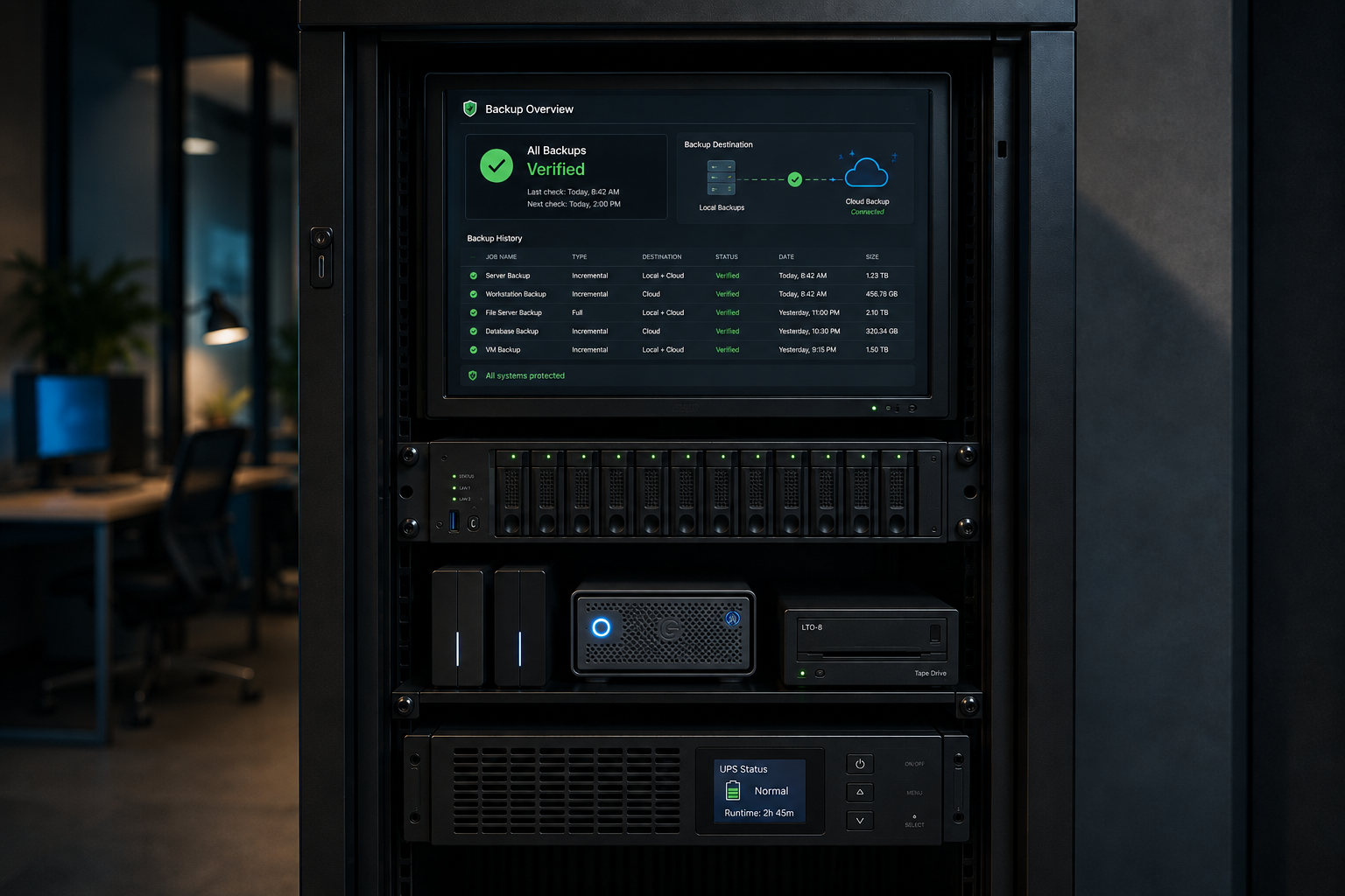 Business backup system with backup monitoring dashboard, local storage, cloud backup and power protection