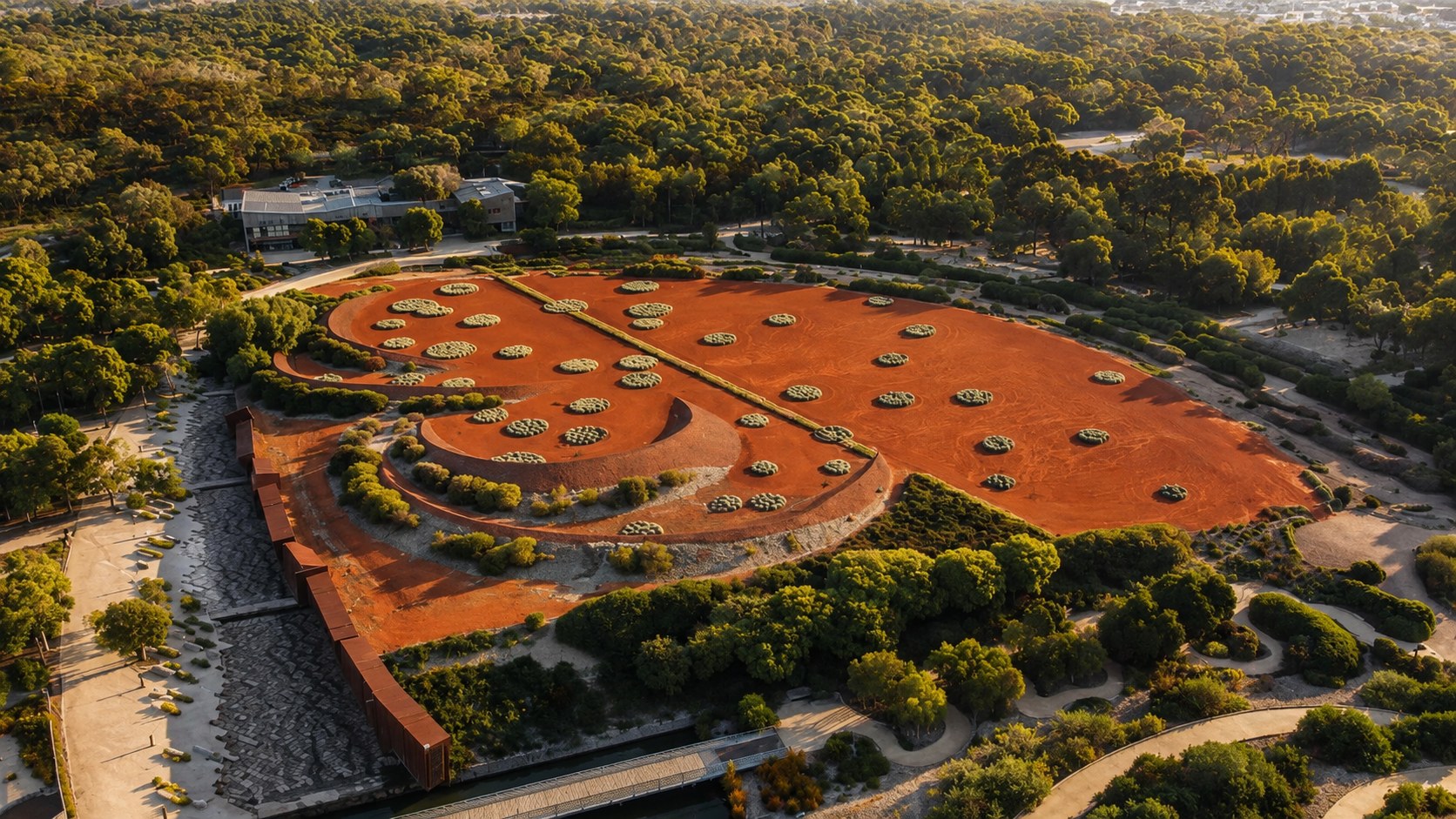 Aerial view of the Australian Garden at Royal Botanic Gardens Cranbourne in warm evening light