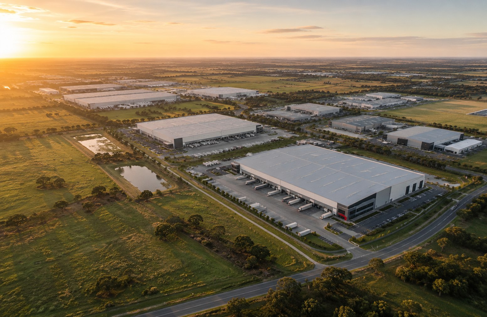 Aerial view over modern warehouses, logistics facilities and open land in Cranbourne West at sunset