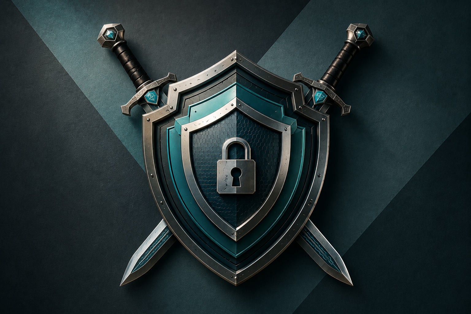 Layered metal security shields with crossed swords and a central padlock