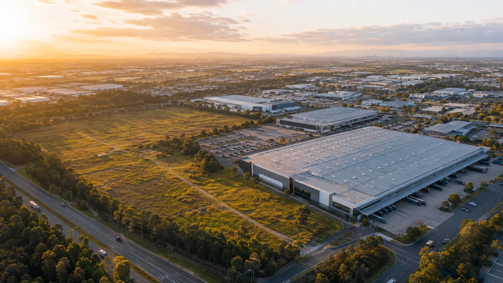 Aerial view over warehouses and industrial premises in Dandenong South at sunset