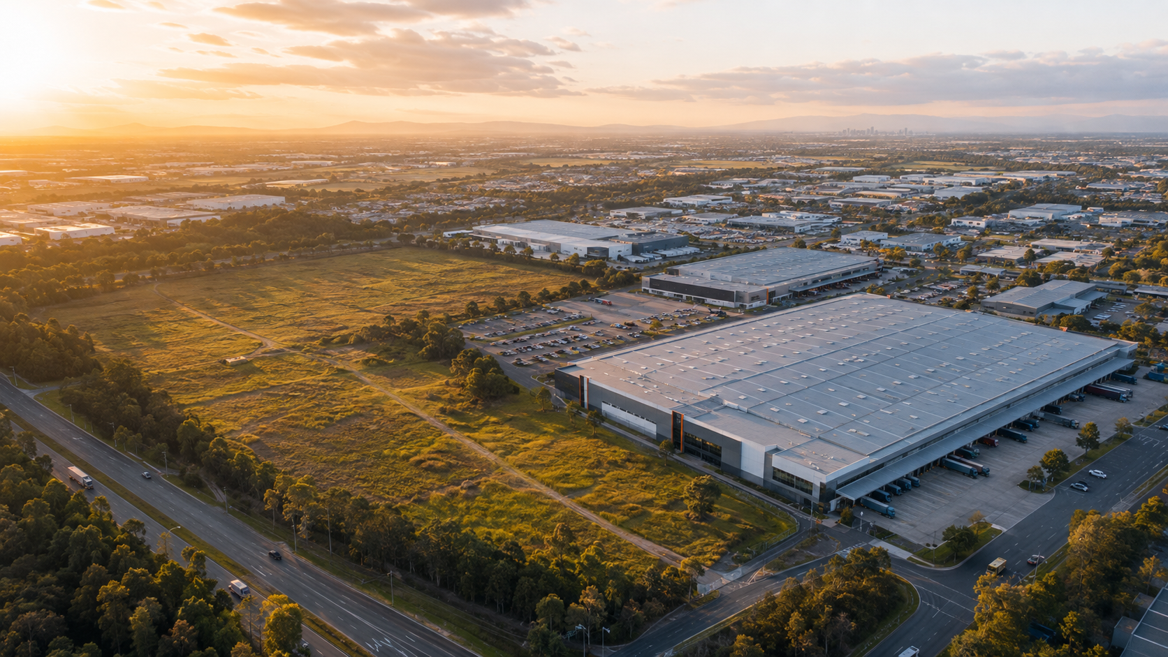 Aerial view over warehouses and industrial premises in Dandenong South at sunset