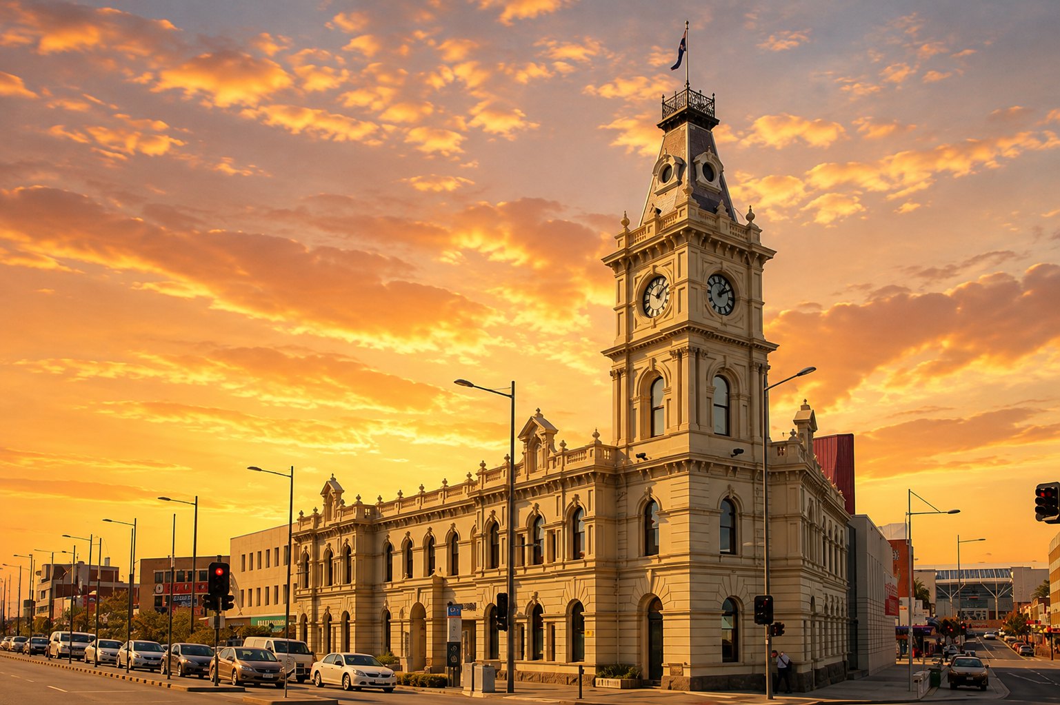Dandenong Town Hall clock tower and streetscape at sunset