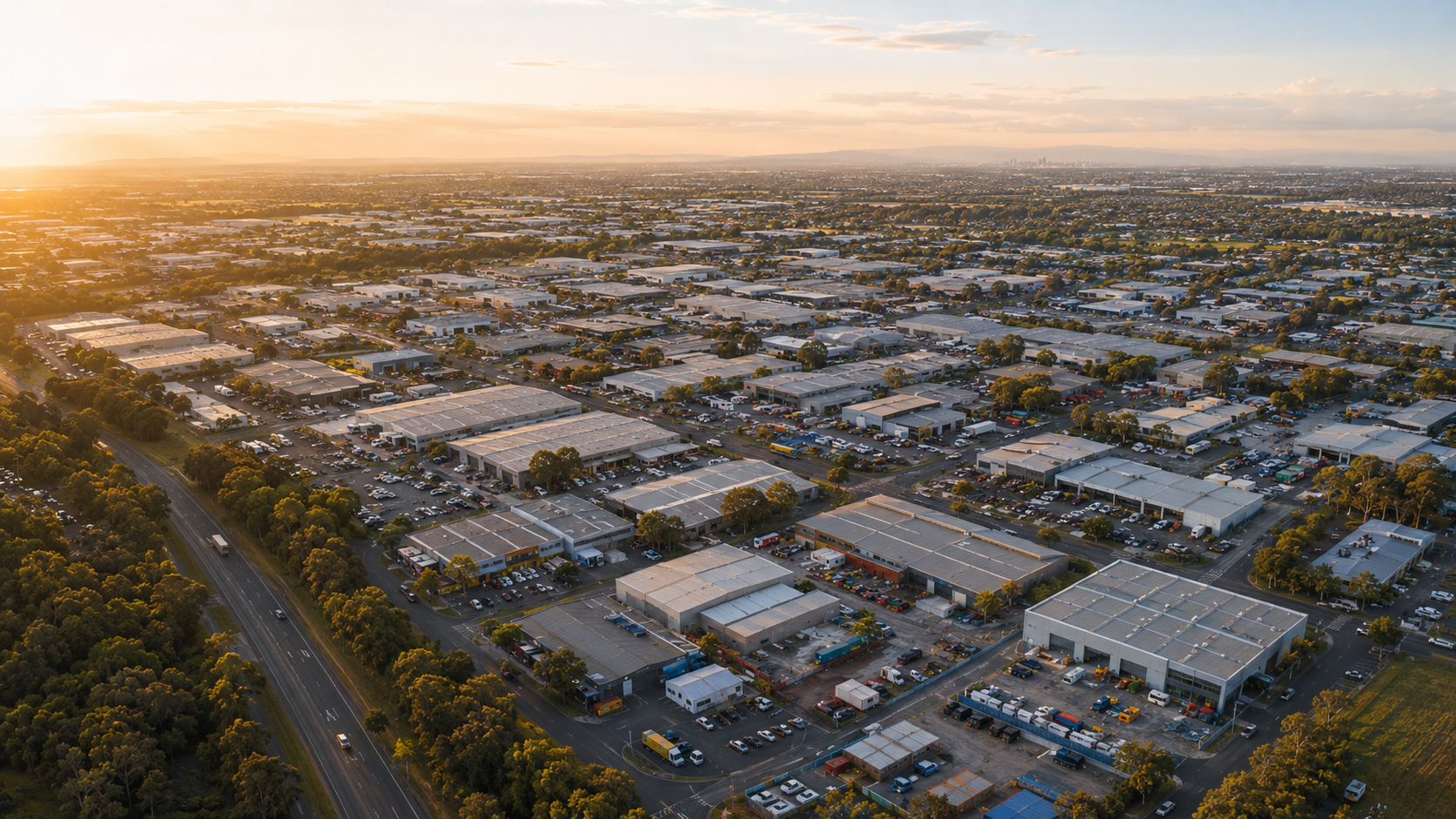 Aerial view across Hallam industrial and commercial precincts at sunset