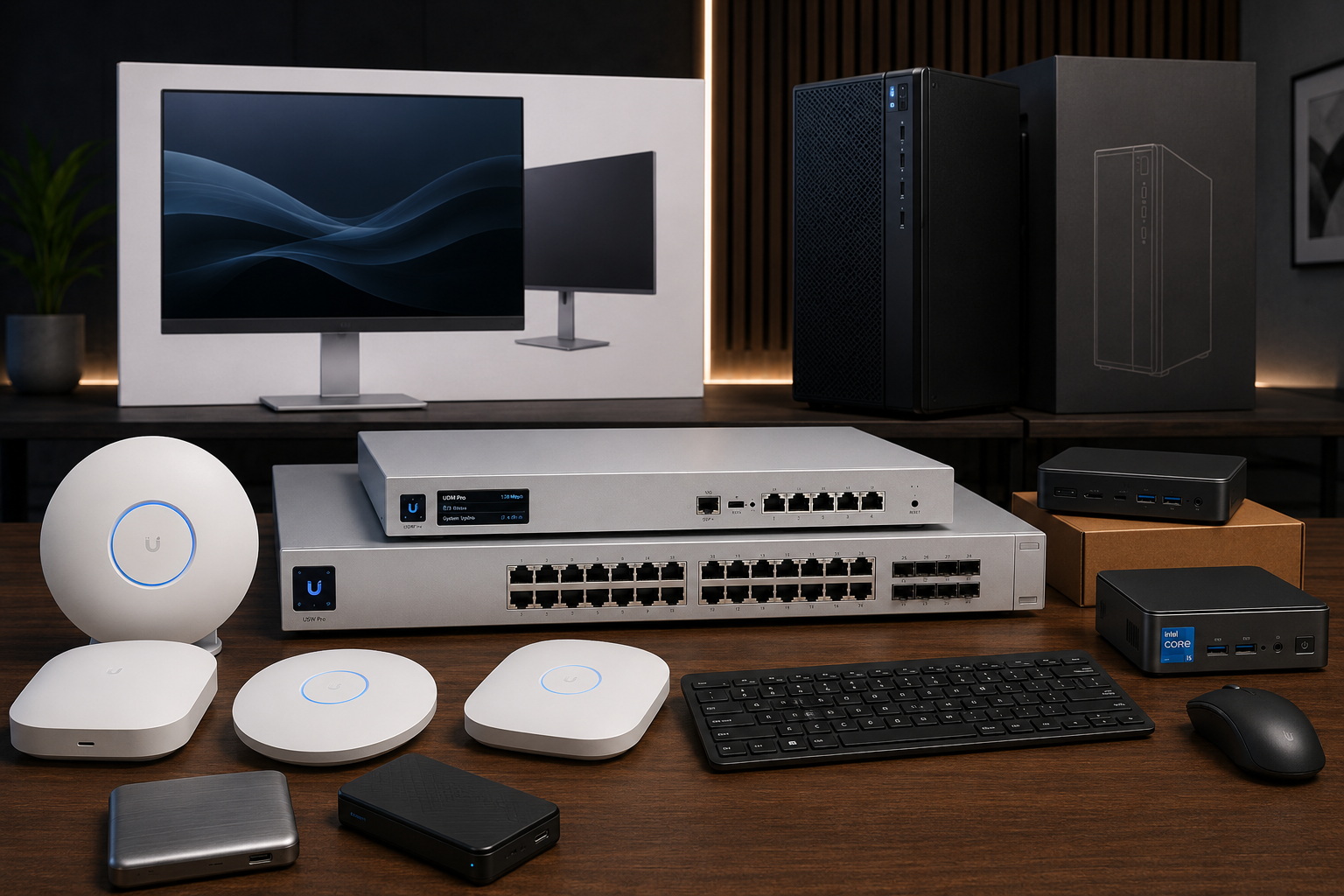 Business hardware including monitors, desktops, network switches, wireless access points and small business PCs arranged for deployment