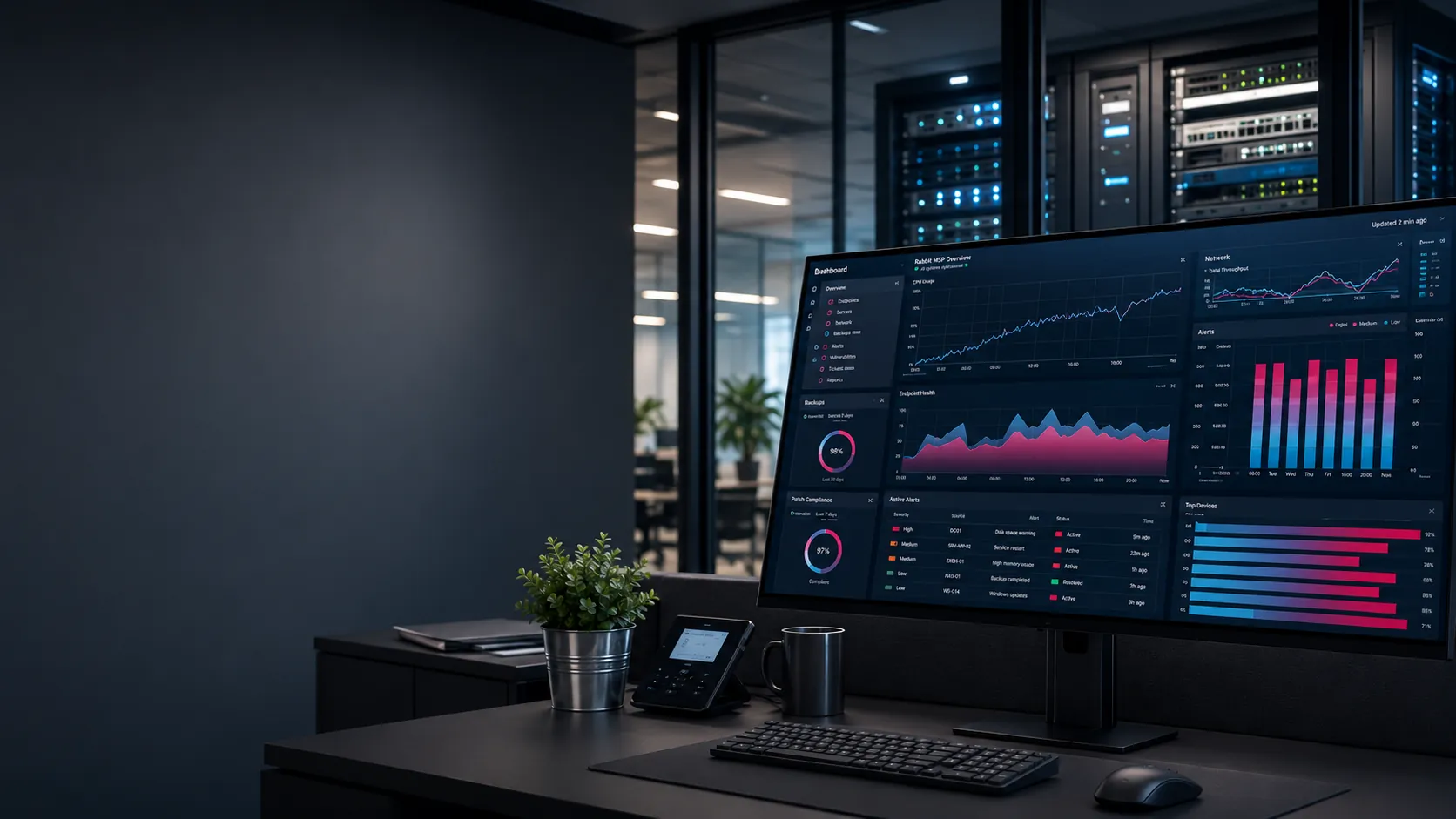 Business IT monitoring workstation with network and server infrastructure in a modern office