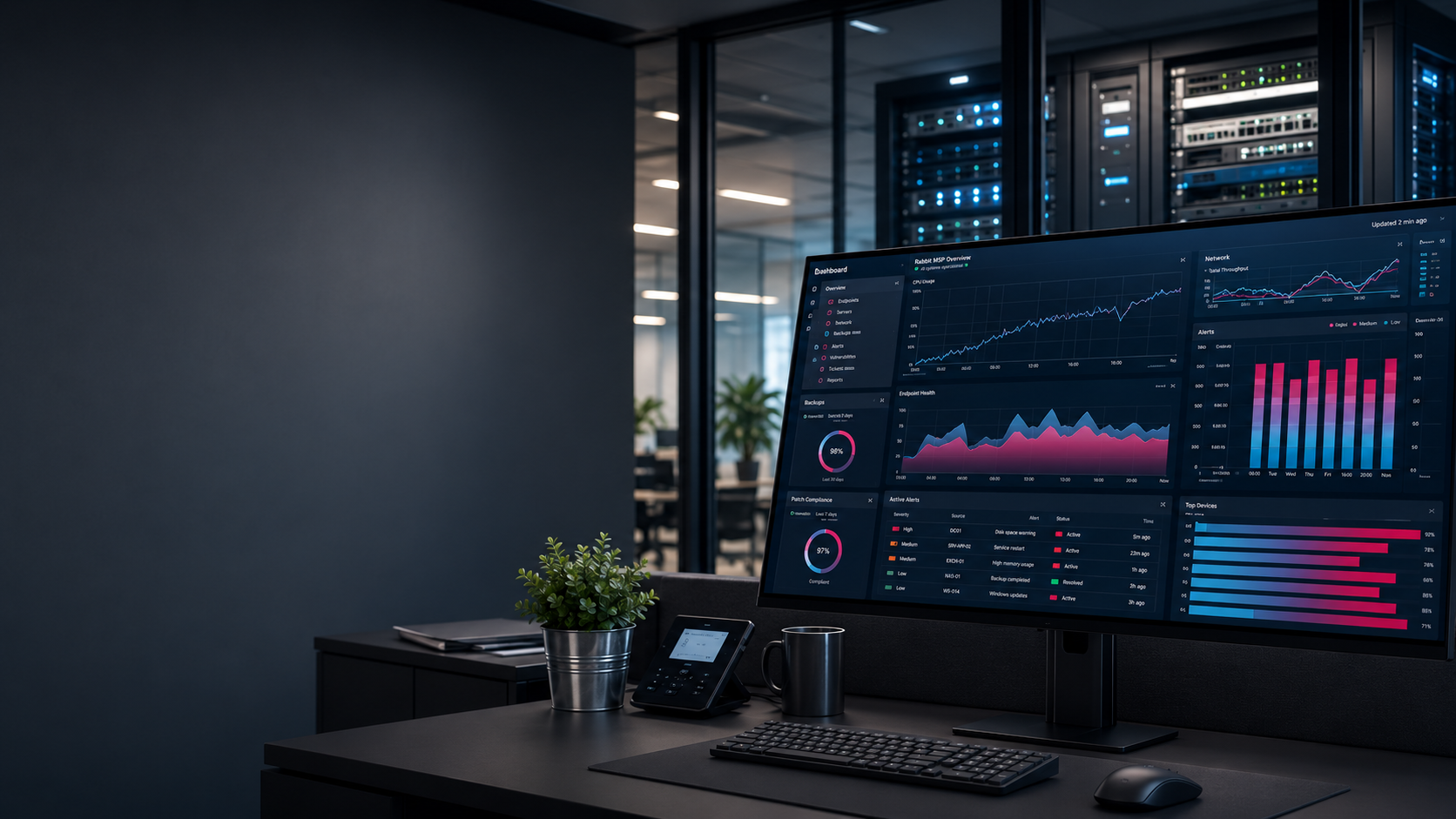Business IT monitoring workstation with network and server infrastructure in a modern office