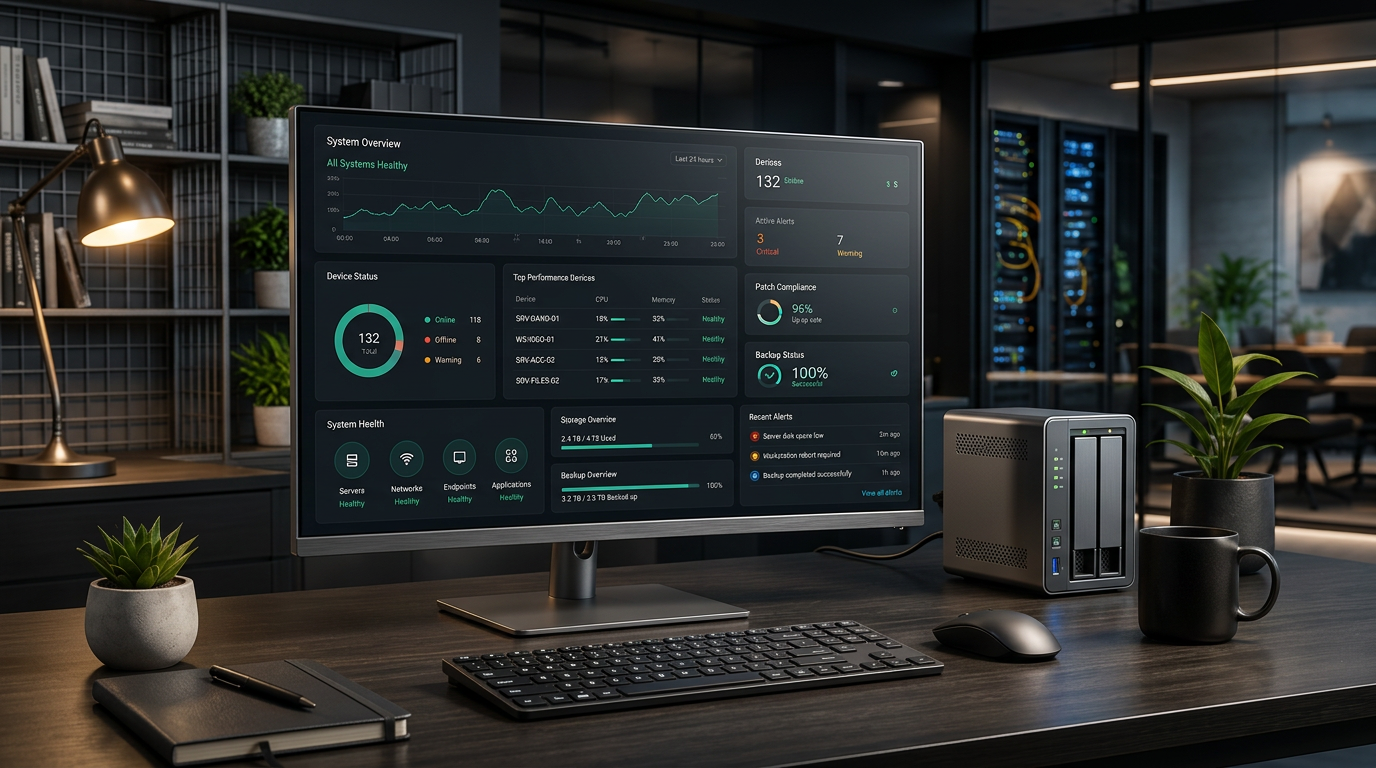 High-end business workstation displaying an advanced IT monitoring dashboard