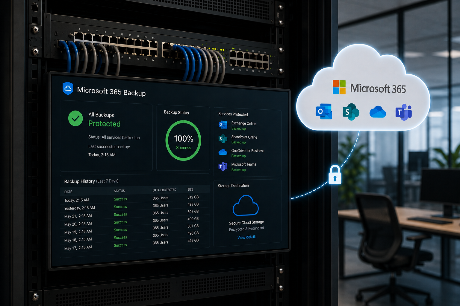 Microsoft 365 backup dashboard showing protected Exchange, SharePoint, OneDrive and Teams data