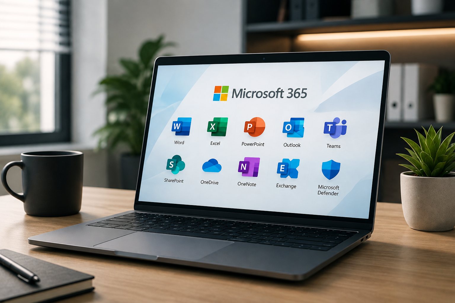 Laptop displaying Microsoft 365 applications in a modern business workspace
