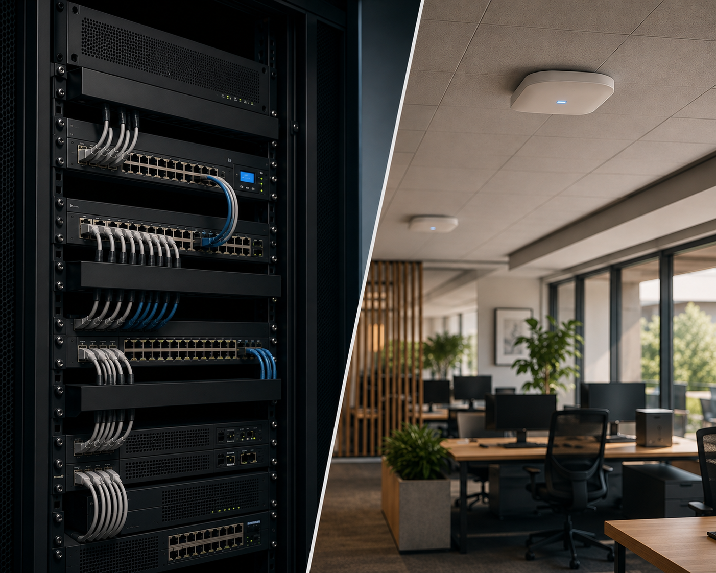 Business network rack with managed switches and structured cabling beside office wireless access points