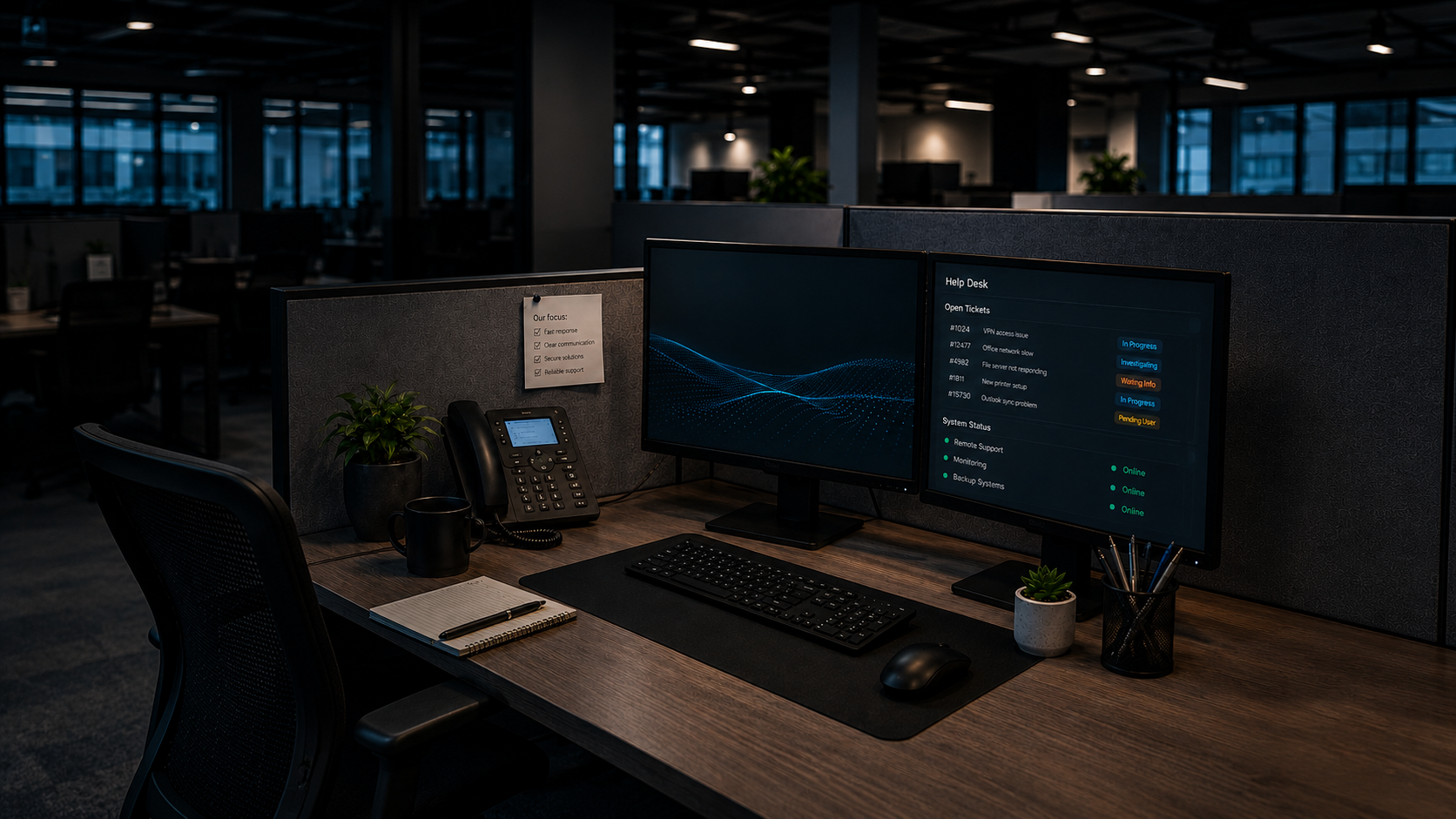 Modern IT help desk cubicle with dual monitors, support dashboard, phone and workstation equipment